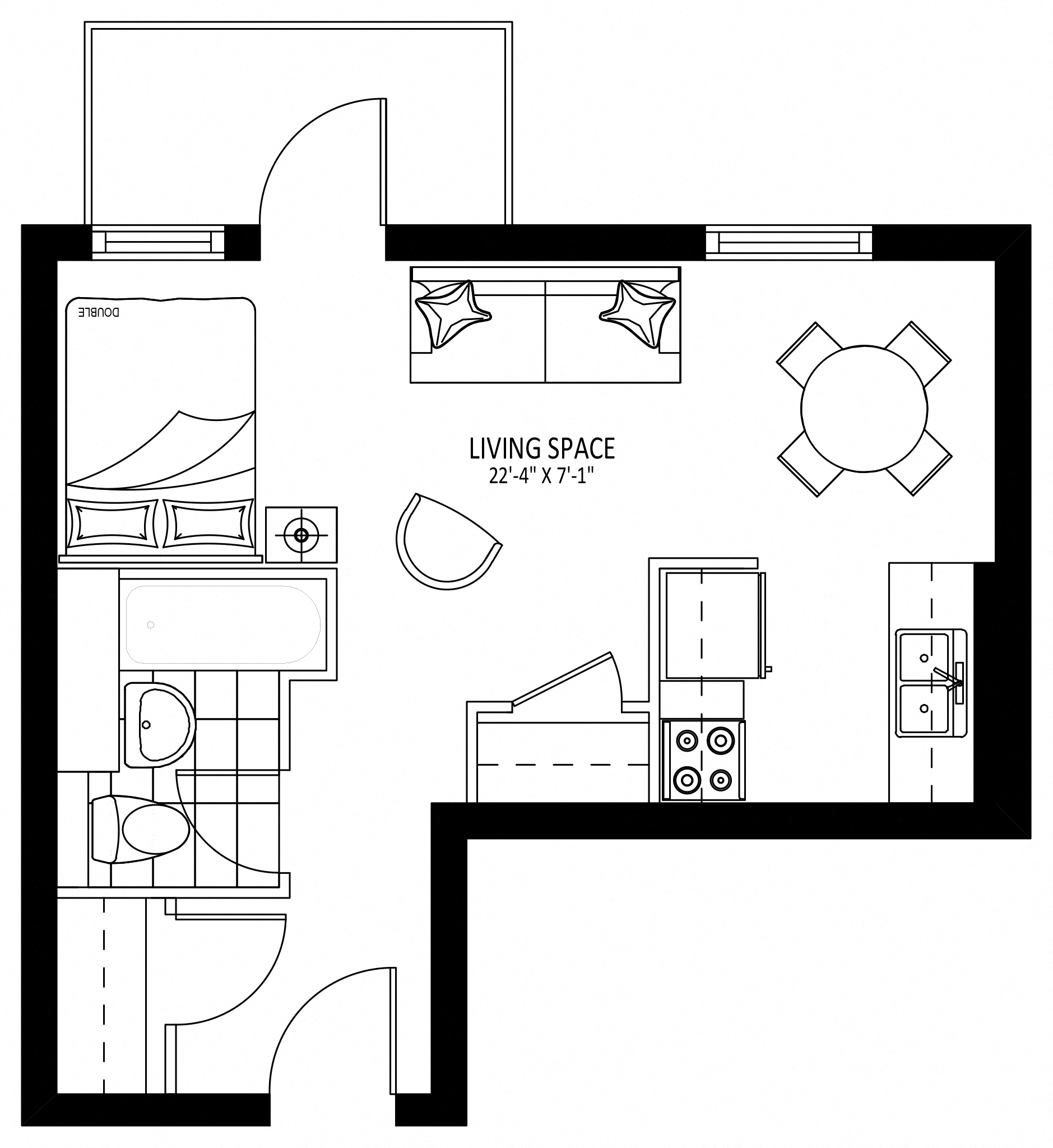 Floor plan for studio, 1 bath, 390 sqft